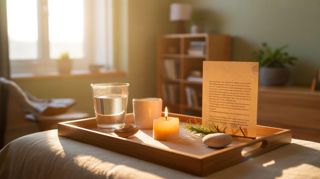 Altar de autocuidado em casa com objetos simples que acalmam