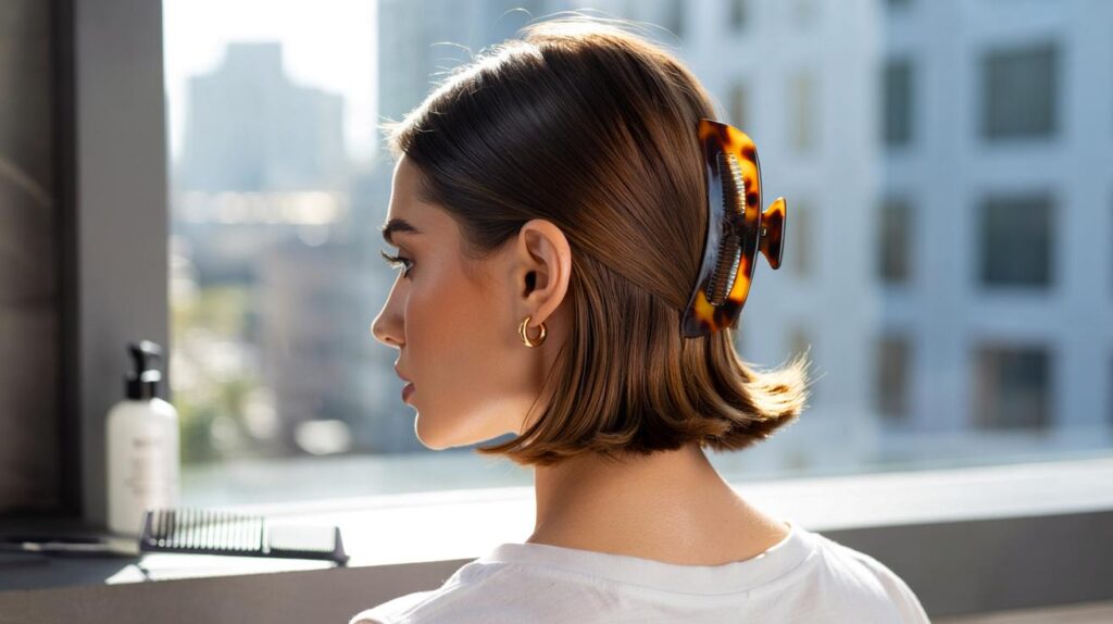 Cabelo preso com presilha grande e acabamento polido de passarela