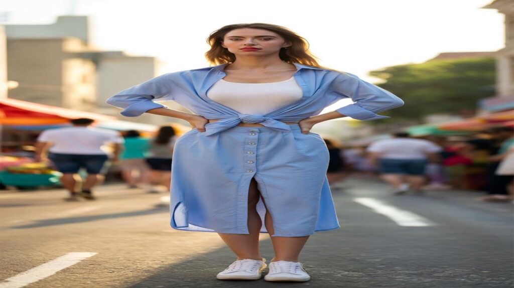 Camisa de botão reaproveitada como saia com amarração inteligente