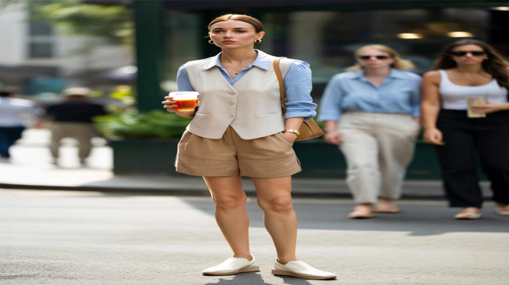 Colete de alfaiataria com short e camisa e o trio mais fresco