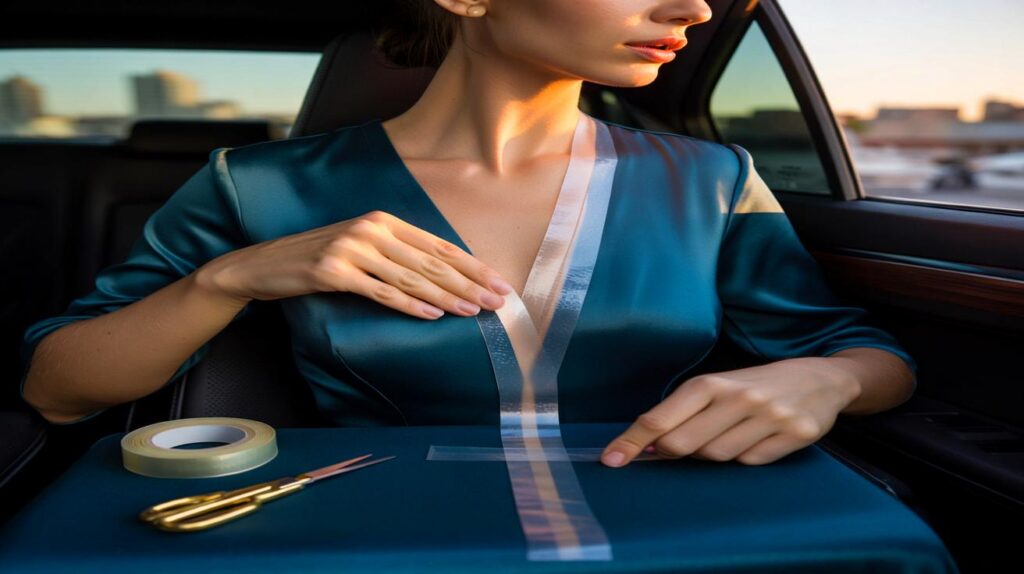 Fita dupla face salvando decote difícil e barra rebelde em segundos