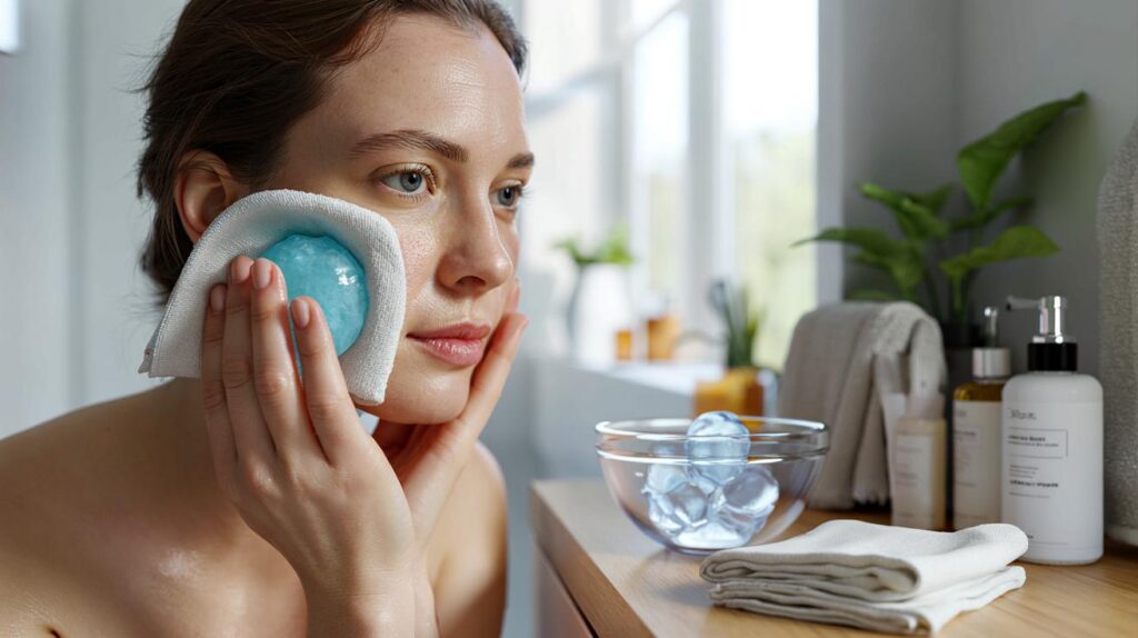 Gelo no rosto sem irritar a pele com técnica de pano que acalma