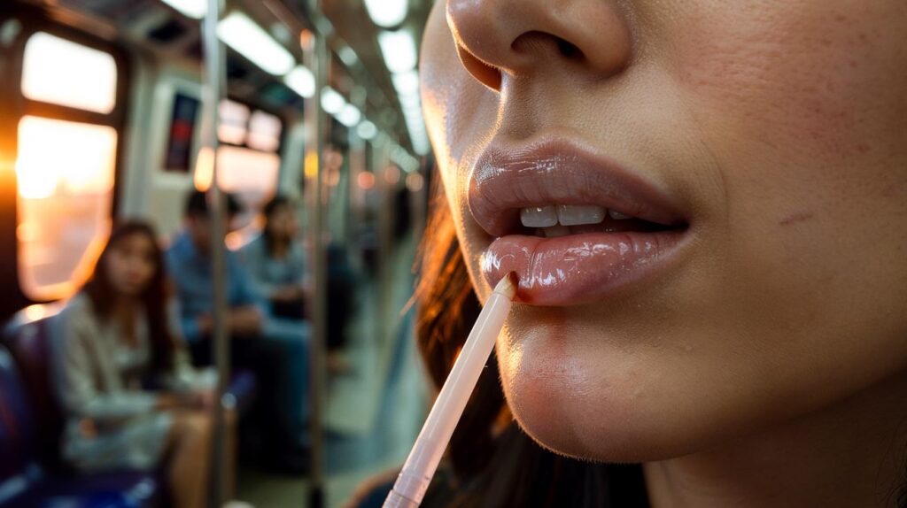 Lábios volumosos com contorno de 2 passos e efeito gloss espelhado