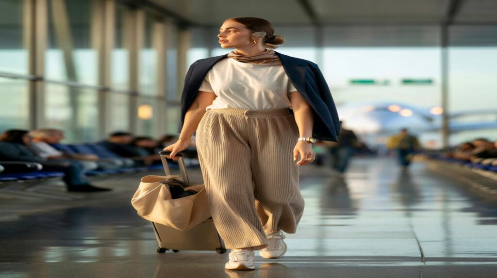Look confortável de aeroporto que parece de revista com peças baratas e truques de styling certeiros