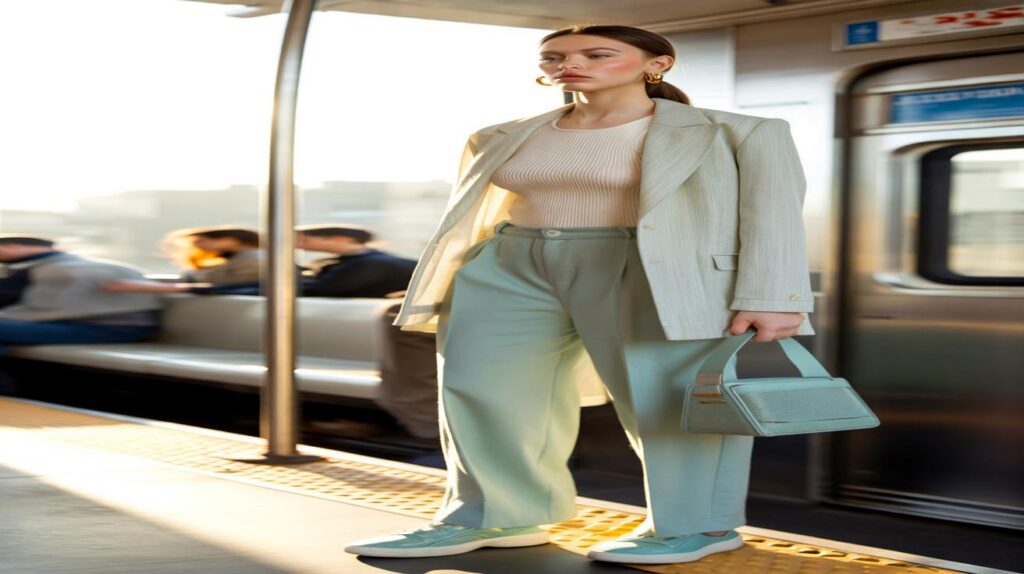 Look inteiro com uma única cor pastel e resultado de passarela