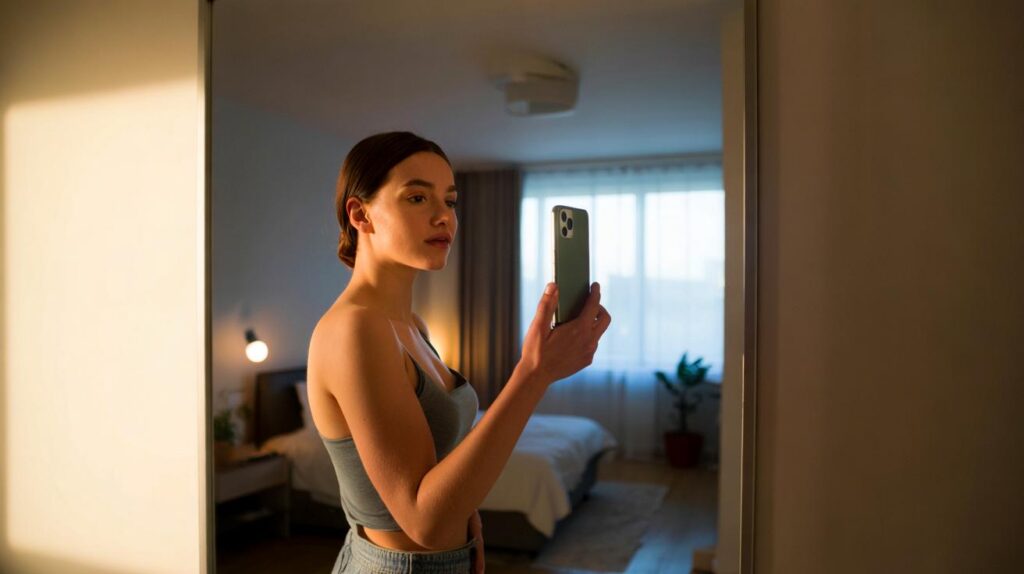 O segredo para selfies no espelho sem filtro com ângulos luz e edição mínima