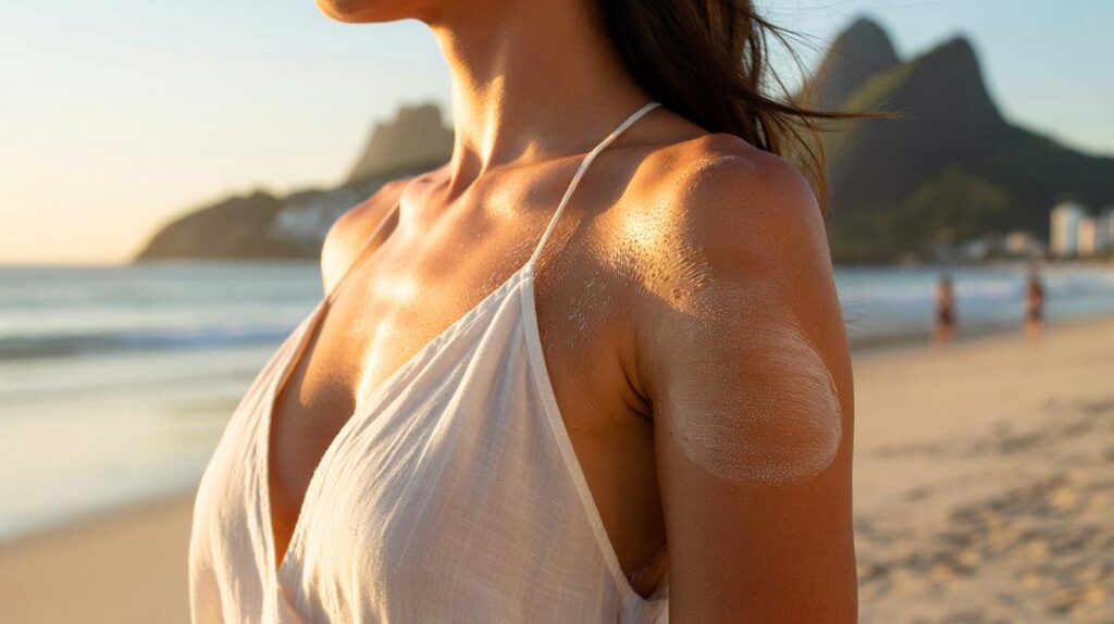 Óleo corporal que dá brilho de praia sem melecar nem manchar roupas