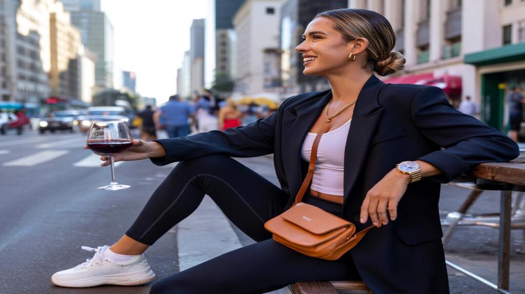 Roupa de academia que virou uniforme de sair com acessórios que elevam o visual