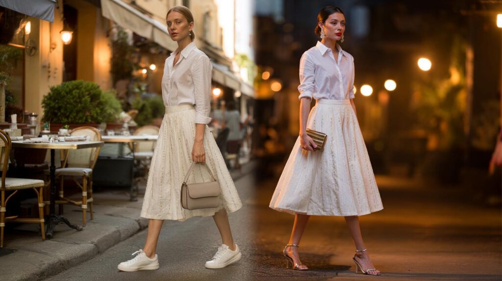 Saia bordada que vai do almoço ao jantar com trocas de acessórios