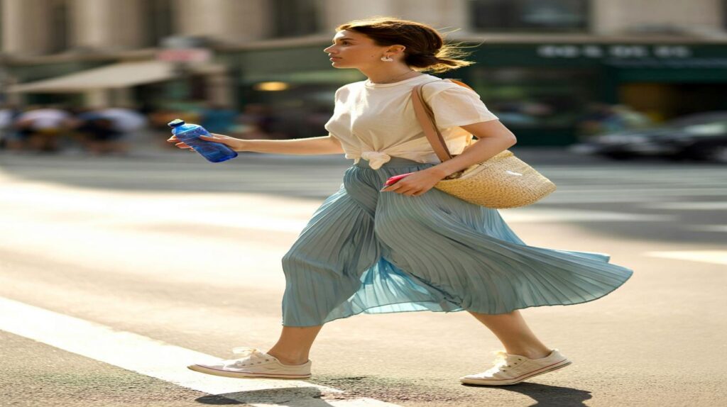 Saia plissada no calor com combinações leves e nada caretas