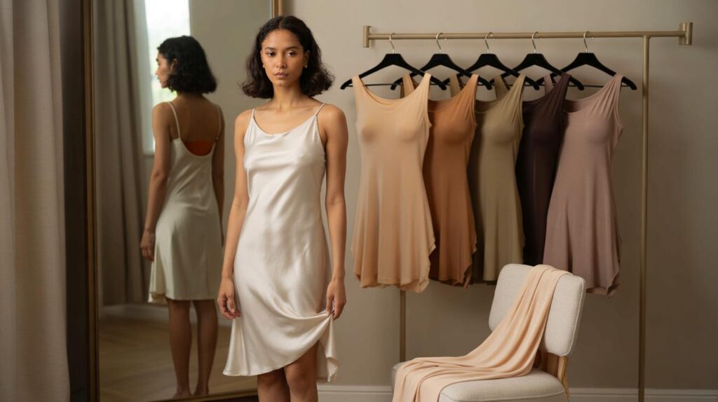 Segunda pele que some sob vestido claro e deixa caimento perfeito