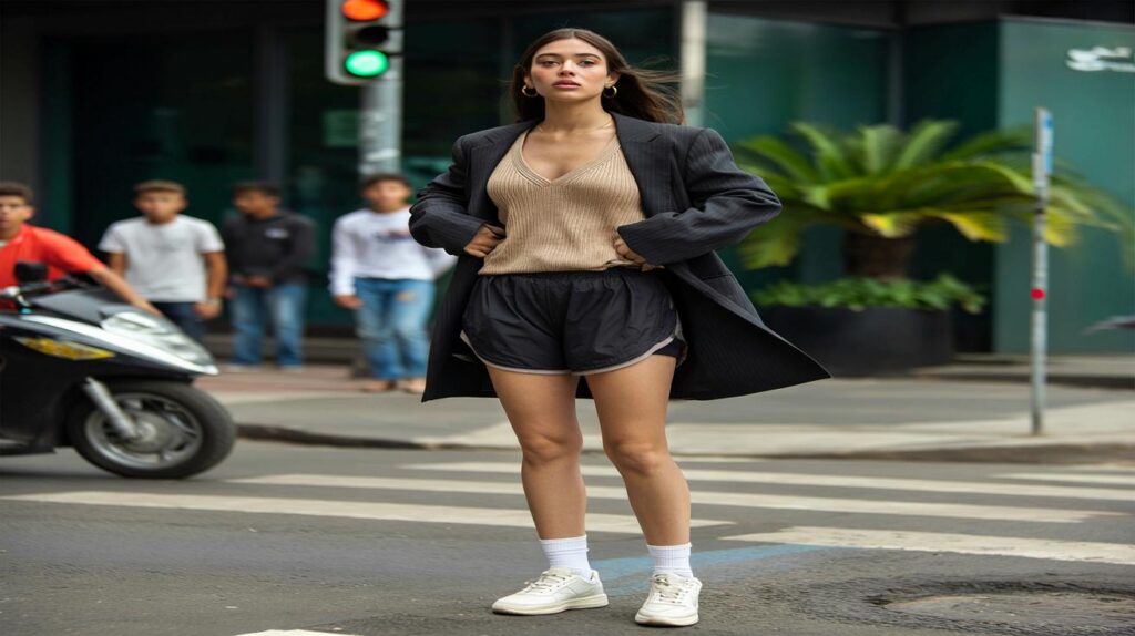 Short de corrida que virou street style com blazer e tricot