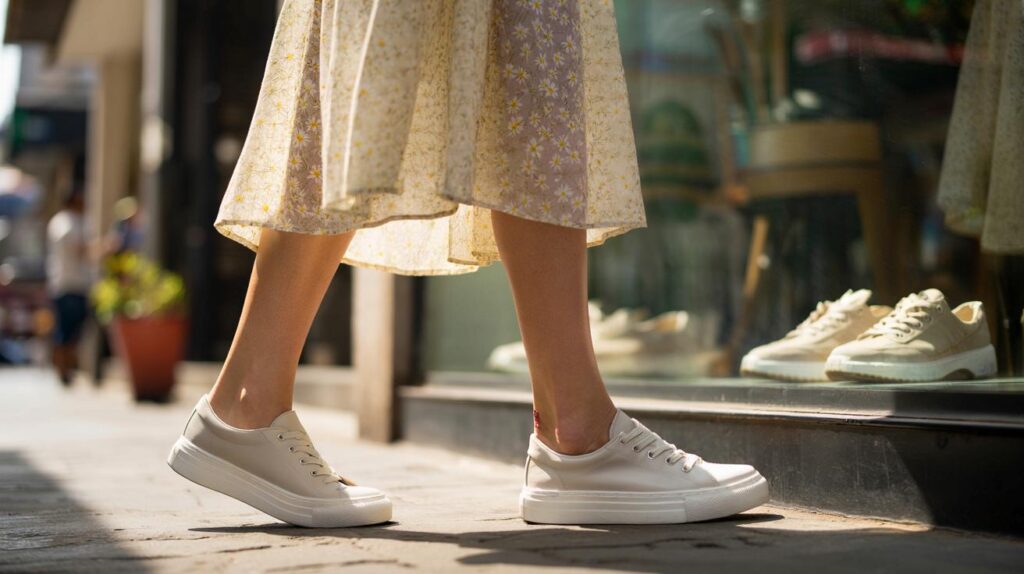 Tênis que combina com vestido floral sem ficar infantil e alonga a perna
