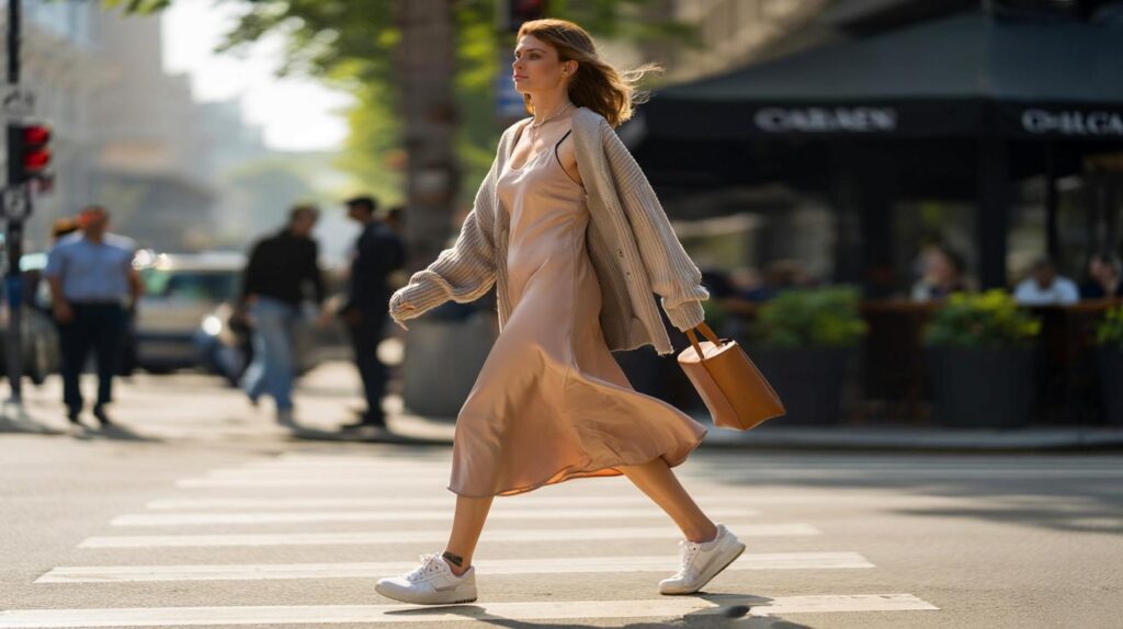 Vestido slip de dia com camadas e tênis que funcionam