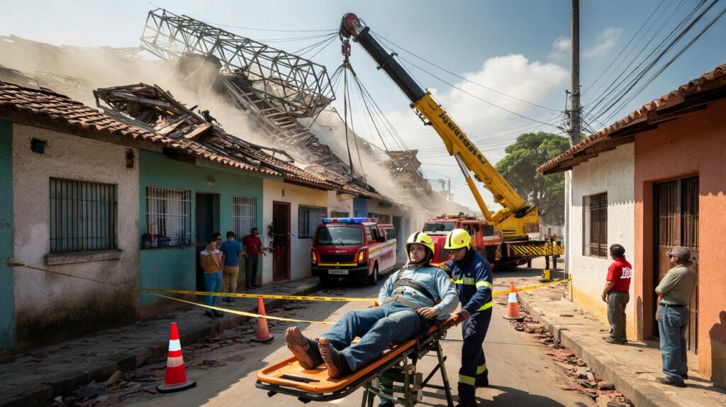 Ceilândia: torre de telefonia cai sobre 2 casas, fere operário e fecha rua; você correria risco?