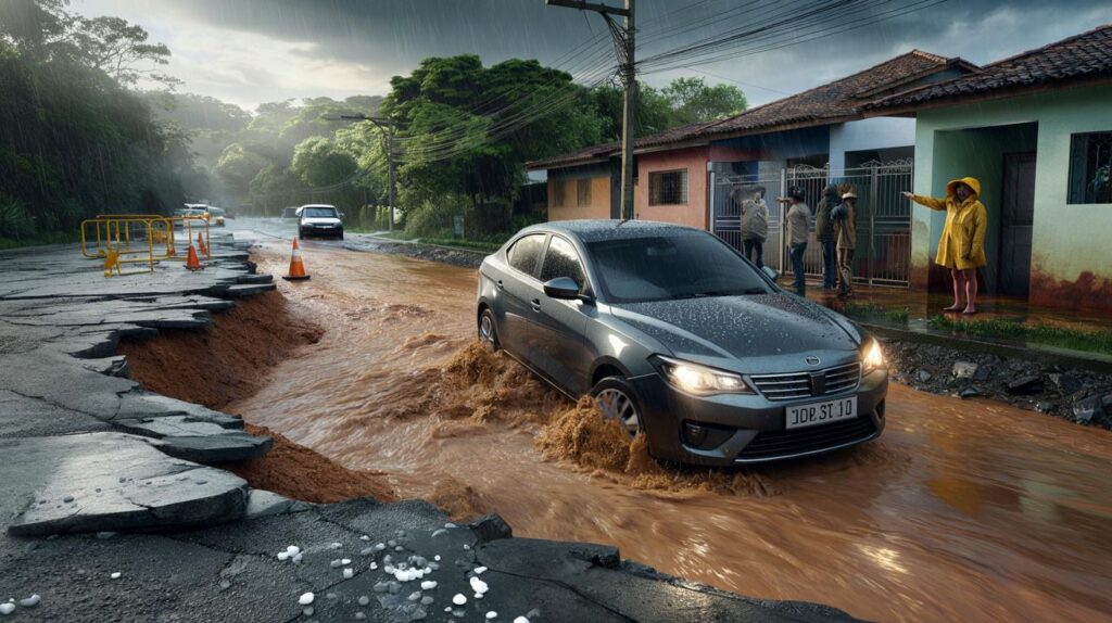 Chuva arranca asfalto e isola moradores em Barretos: você conseguiria sair com 2 vias submersas?