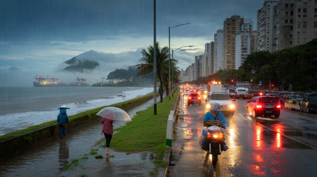 Chuva inaugura novembro no litoral de SP: você está pronto para 5 a 40 mm e trânsito em Santos?