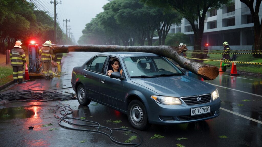 Chuva no DF: poste energizado cai na Asa Norte e prende motorista de 41 anos; você sairia do carro?