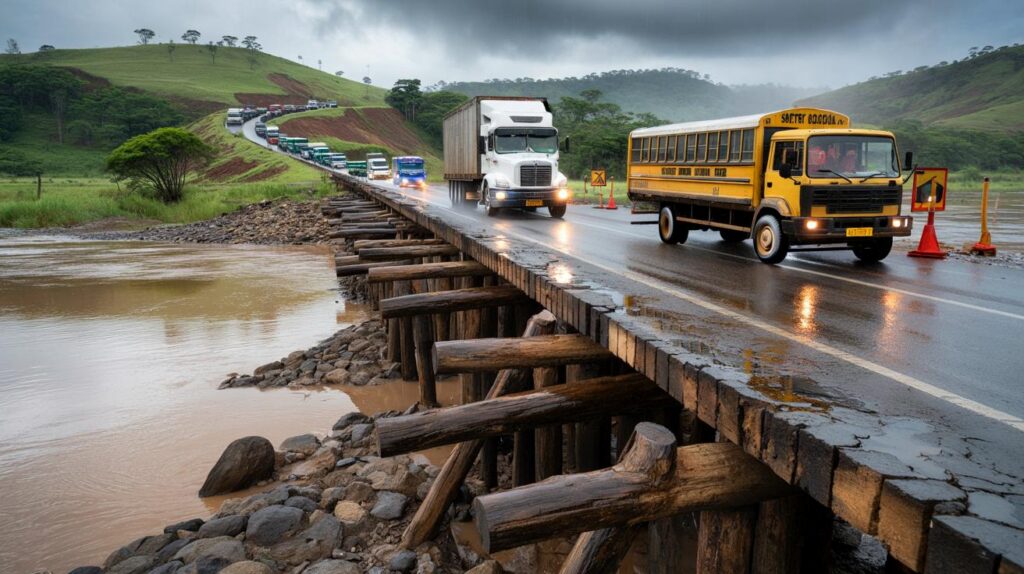 MG-460 com ponte em toras: você cruzaria com ônibus escolar e carretas entre Munhoz e Extrema?