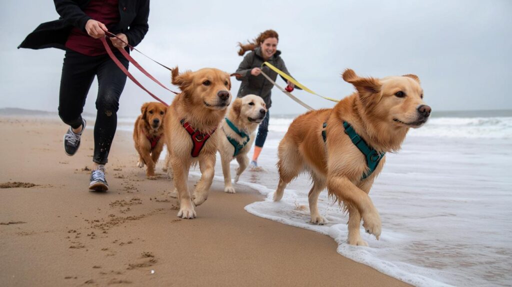 Praia tranquila, dia frio e cinco goldens: você conseguiria segurar a guia quando eles veem o mar?