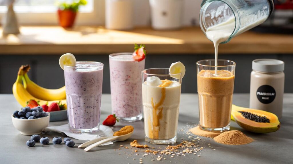 Quatro vitaminas caseiras com whey e frutas: você treina cansado? veja como recuperar músculos