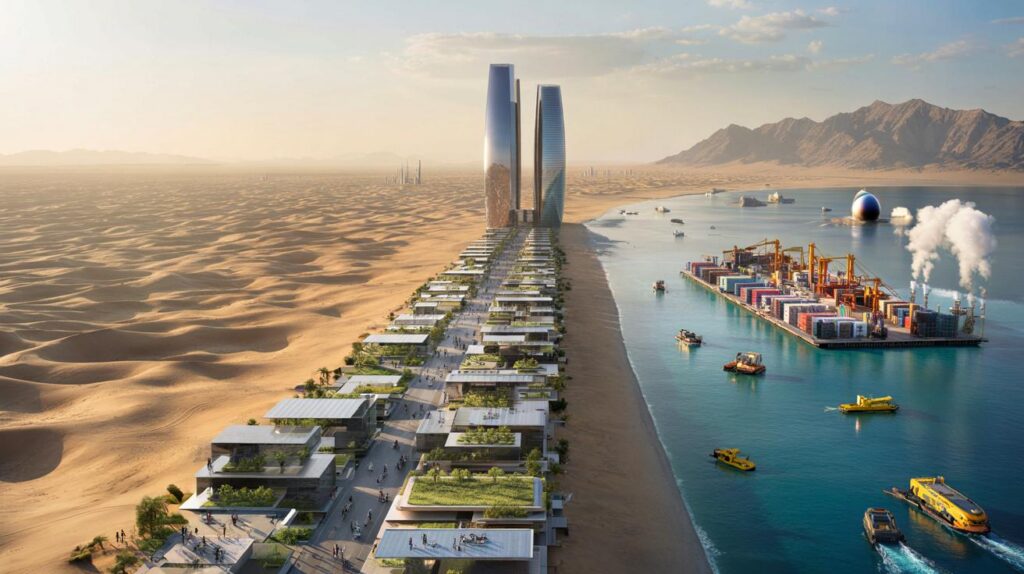 R$ 45 trilhões no deserto: você viveria entre 170 km de espelhos, ilha flutuante e neve artificial?