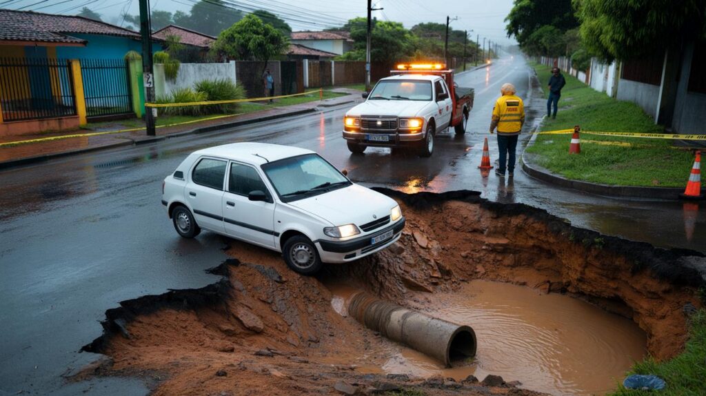 Seu carro passaria por isso em Arniqueira? chuva abre cratera, entrega vira pesadelo e R$ 250 somem