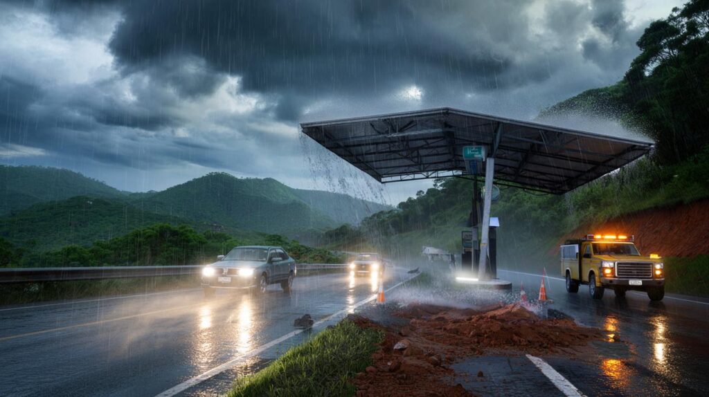 Vídeo mostra teto de posto caindo na divisa SP e MG: você passaria por ali com chuva como a de hoje?