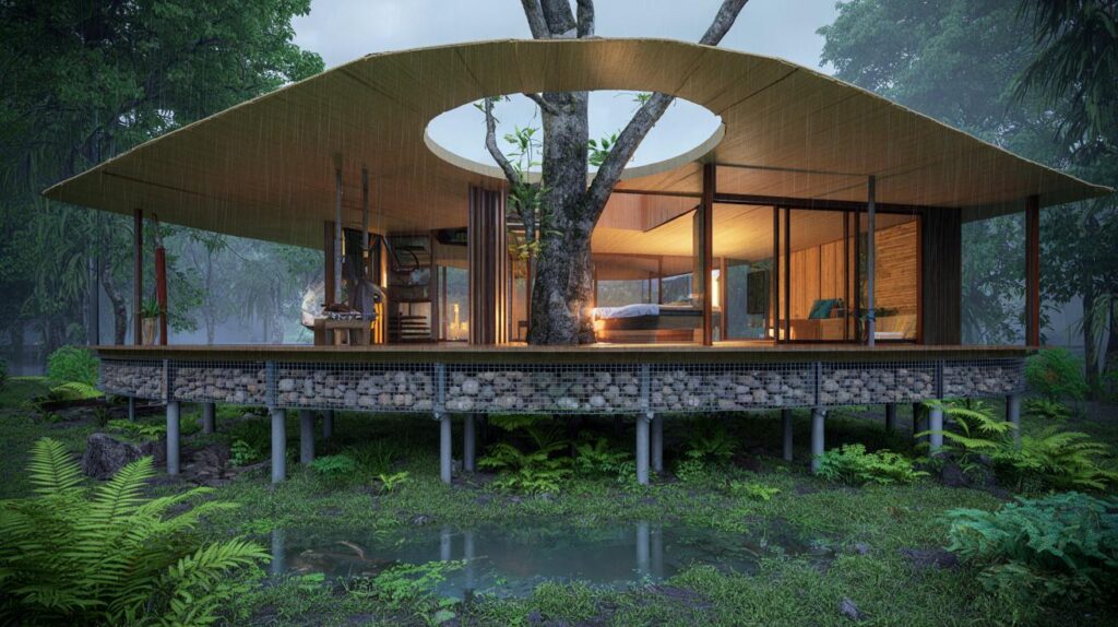 Você aceitaria dormir sob uma árvore que atravessa o telhado? Amazônia, 2,5 ha e tubos reciclados