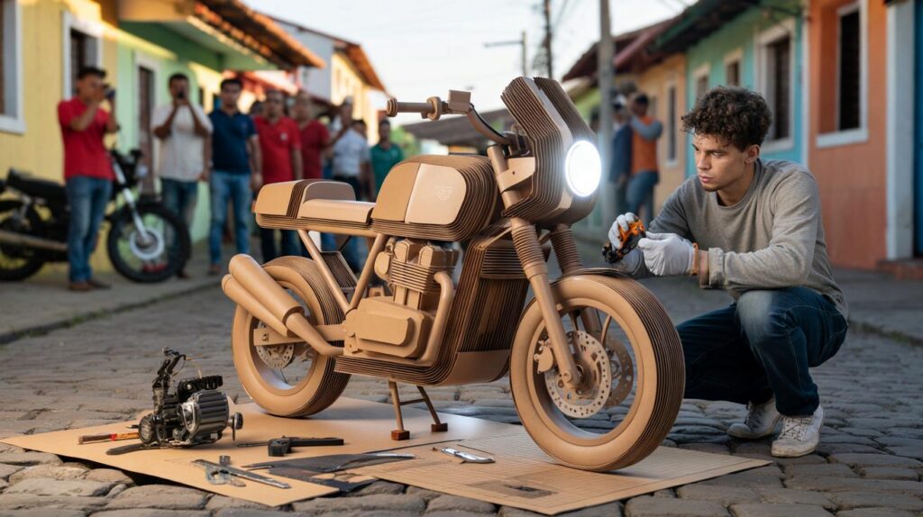 Você aceitaria subir? moto de papelão com farol e motor simulado surpreende Paraíba em 55 dias