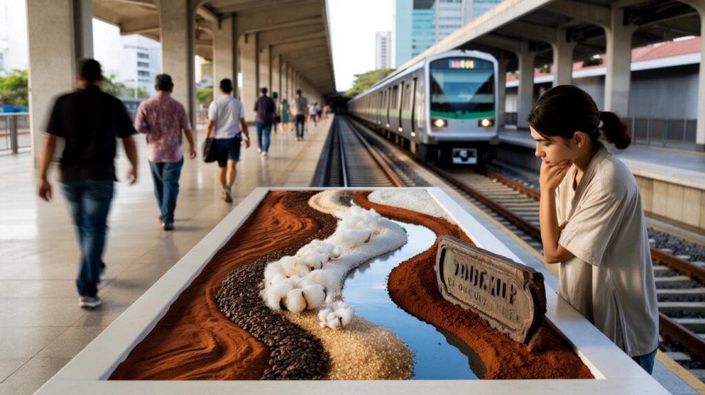 Você pega a Linha Sul? 1 artista usa terra, café e açúcar e vira seu trajeto em memória viva