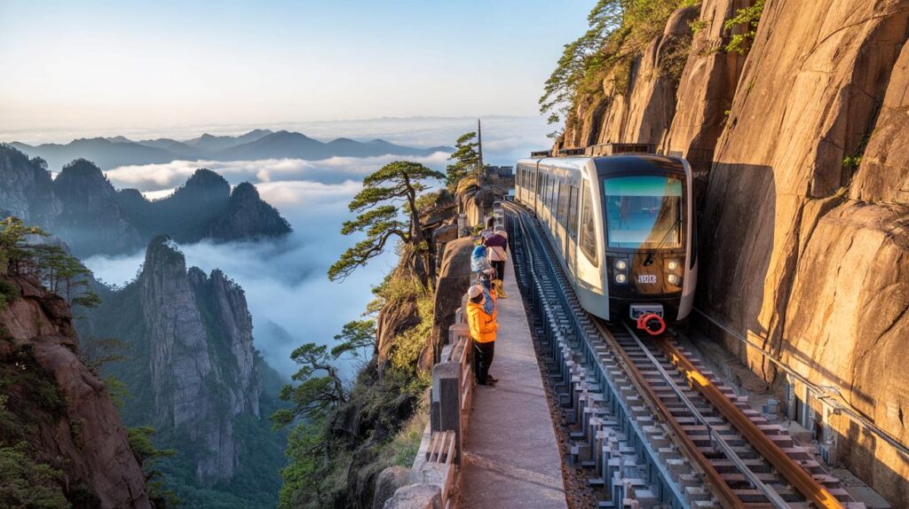 Você teria coragem? ferrovia a 500 m do abismo leva em 5 minutos ao topo de Huangshan por 100 yuans