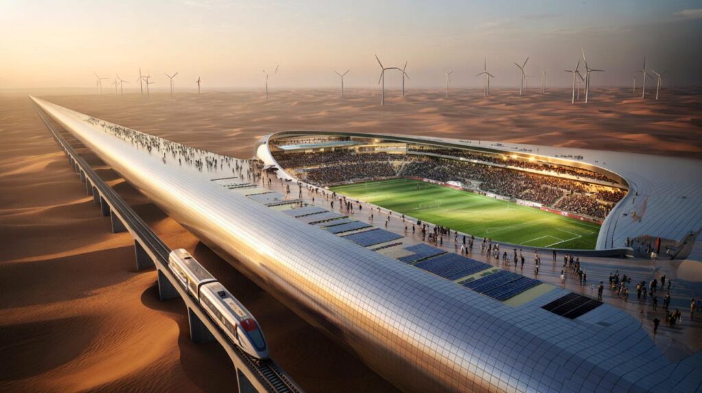 Você toparia ver um jogo a 350 m do chão? The Line prepara estádio 100% elétrico para 46 mil